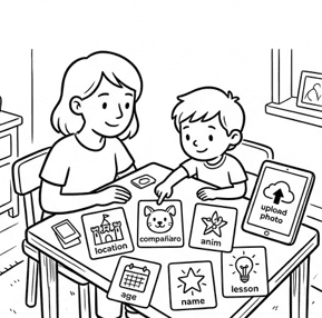 Una madre y un niño sentados a la mesa eligiendo tarjetas con el nombre, la edad, el escenario y el compañero del cuento