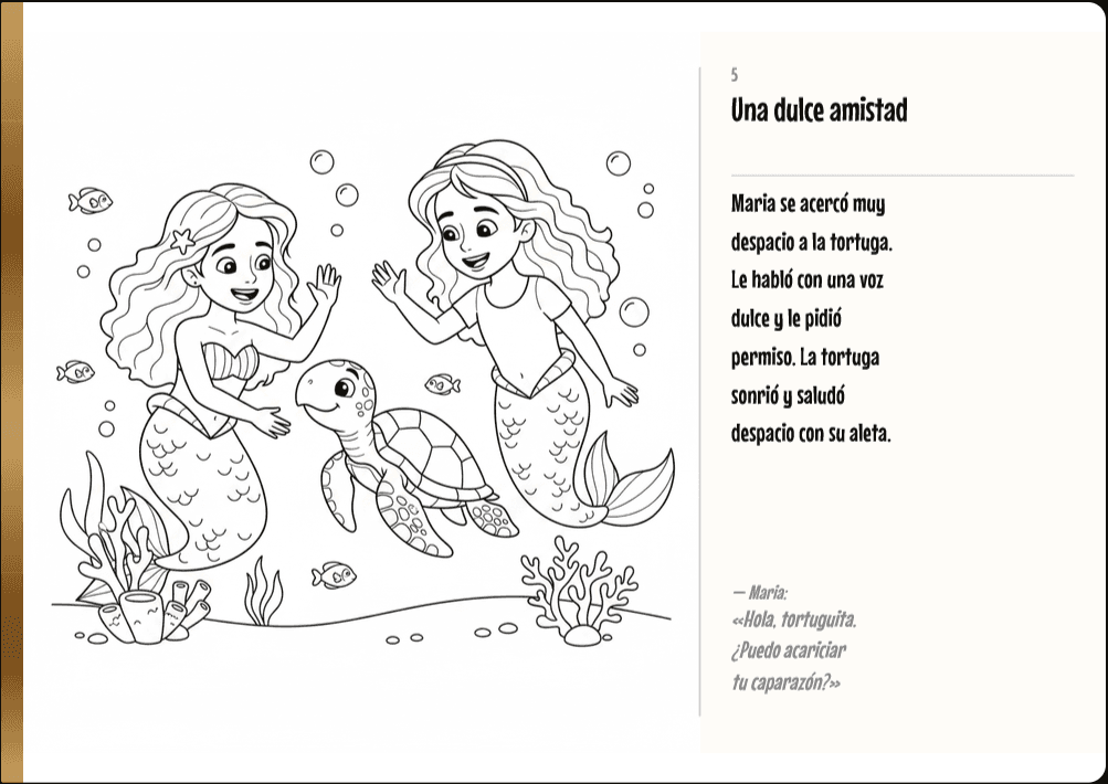 Una página del cuento tal y como se imprime: dos sirenas y una tortuga a línea negra sobre blanco a la izquierda, y el texto de la escena con su diálogo a la derecha