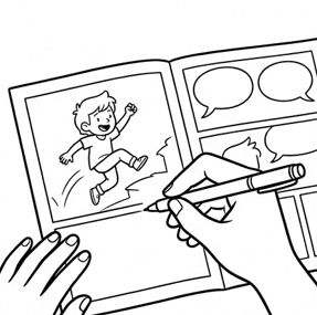 Unas manos coloreando con una cera la página abierta de un cuento, con su ilustración y sus bocadillos de diálogo